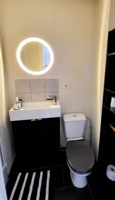 a bathroom with a toilet and a sink and a mirror at Handy Studio close to Zaventem airport in Brussels