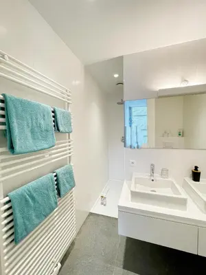 a white bathroom with a sink and a mirror at Jacob’s Getaway in Ghent