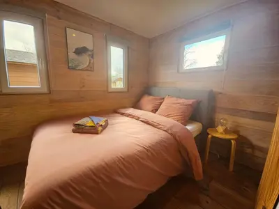 a bedroom with a bed and two windows at Le Canard - Rust aan het water in Geel