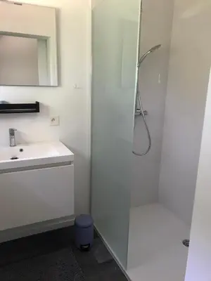 a bathroom with a shower and a sink at Vakantiewoning De Kleine Duinberg - Chalet Nr 9 in Retie