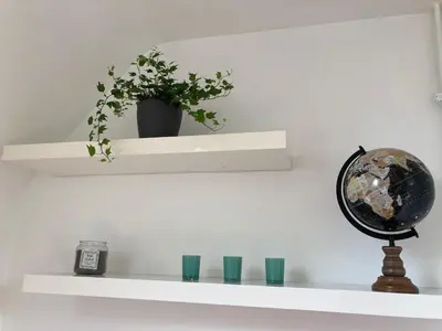 a shelf with a plant and a clock on it at Rustig appartement in het groen met terras in Kontich