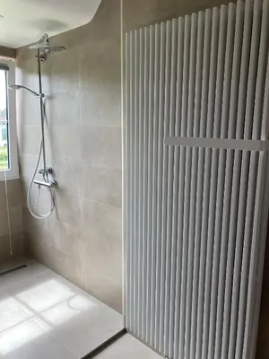 a bathroom with a shower with a radiator at Rustig appartement in het groen met terras in Kontich