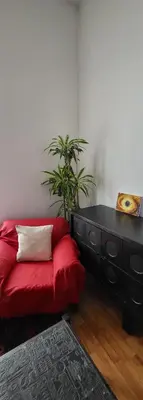 a red couch in a living room with a plant at Bright studio close to Zaventem airport in Brussels