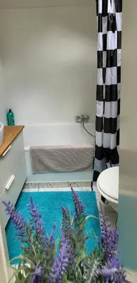 a bathroom with a bath tub with a blue rug at Bright studio close to Zaventem airport in Brussels