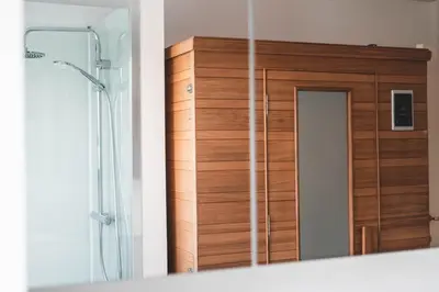 a mirror in a bathroom with a wooden door at Guesthouse Ter Linden in Bazel