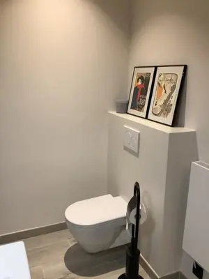 a bathroom with a toilet and two pictures on the wall at Via Caput in Lokeren