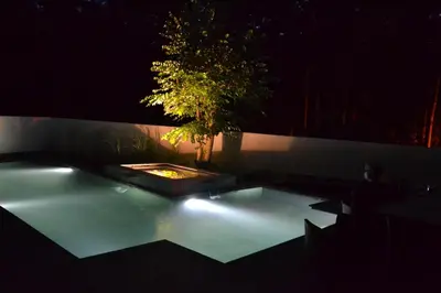 a swimming pool at night with a tree in it at B&B Wepa-hof in Oud-Turnhout