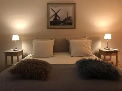 a bedroom with a bed with two lamps on two tables at NeNe in Dilbeek