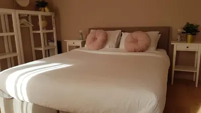 a large white bed with pink pillows on it at BnB Antwerpen - CHIQUE in Antwerp