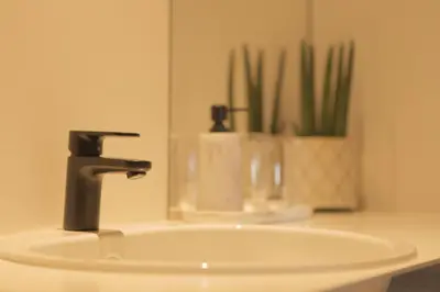 a bathroom sink with a faucet in front of a mirror at MAISON KITOKO in Ghent