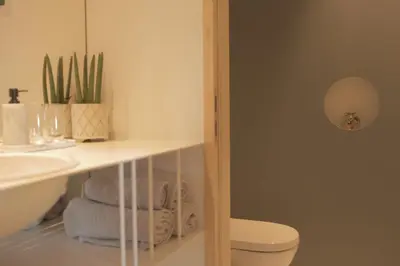 a bathroom with a sink and a toilet and towels at MAISON KITOKO in Ghent