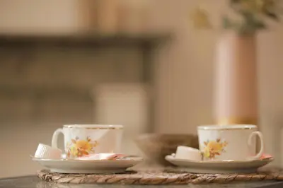 two coffee cups and saucers sitting on a table at MAISON KITOKO in Ghent