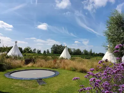 a trampoline in the middle of a field with tents at Landgoed Omorika in Ravels