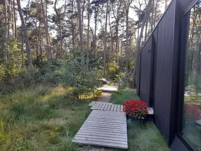 a wooden pathway with flowers on the side of a house at Black Box in Lille