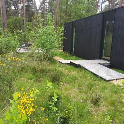 a black house in the woods with a garden at Black Box in Lille