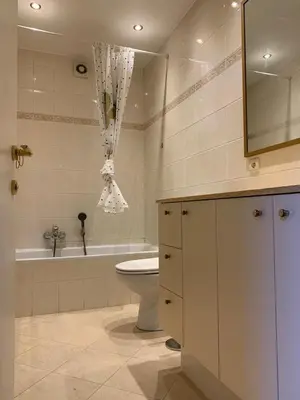 a bathroom with a toilet and a tub and a sink at lovely two bedroom apartment with free parking in Antwerp