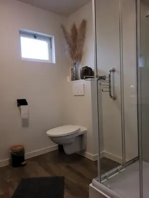 a bathroom with a toilet and a glass shower at Rustig gelegen chalet Kapeki met tuin aan het water in Geel