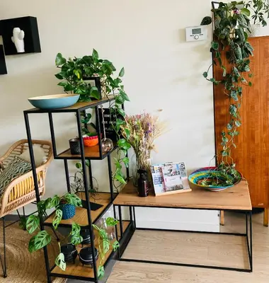 a room with a table and a shelf with plants at Cozy two bedroom Apartment near city centre Gent in Ghent