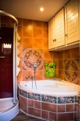 a bathroom with a tub and a green frog on the wall at Le Petit Chalet avec hottub. in Sint-Gillis-Waas