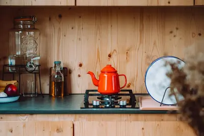 an orange tea kettle sitting on a stove in a kitchen at Kalmdown Cabin - Antwerp in Wuustwezel