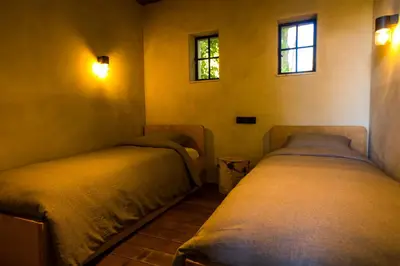 two beds in a small room with two windows at The cabin Morris in Holsbeek