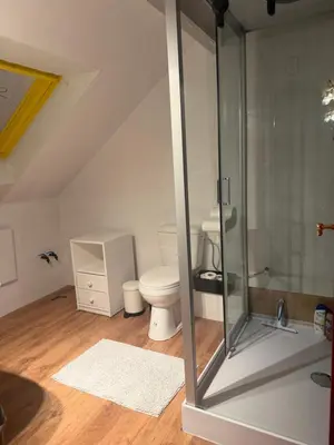a bathroom with a toilet and a glass shower at Perk25A in Steenokkerzeel