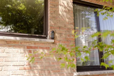 a window on a brick building with a reflection of a tree at Luxe apt with parking & garden in wilrijk antwerp in Antwerp