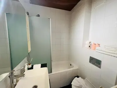 a bathroom with a sink and a bath tub at Riverview Studio in Historical Heart of Antwerp in Antwerp