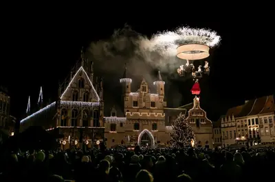 a crowd of people standing in front of a castle at night at Huis ALNA 2 in Mechelen