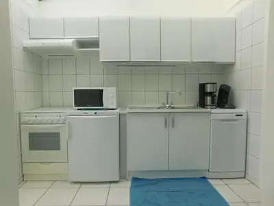 a kitchen with white appliances and a blue rug at Vakantiewoning Louis in Mechelen