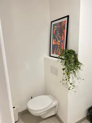 a white bathroom with a toilet and a plant at Hote Brussels center City luxe Tours et Taxi in Brussels