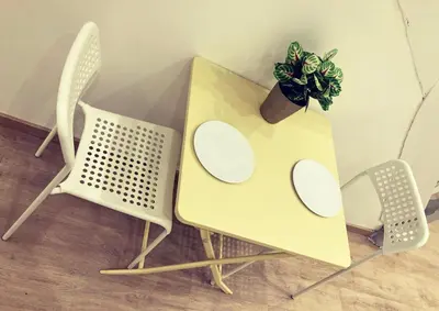 a table with two chairs and a potted plant on it at Benny's Rooms Brussels City Centre in Brussels