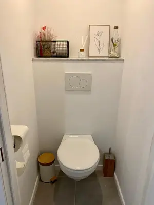 a bathroom with a toilet with a shelf above it at Superbe logement près de Bruxelles avec spa privé in Brussels