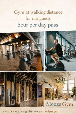 a collage of photos of a gym with a man sitting on a exercise bike at Sabi Stay Antwerp in Antwerp