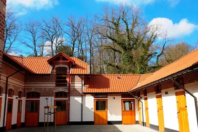 a building with an orange roof on a street at B&B Hippo-Droom in Hoeilaart