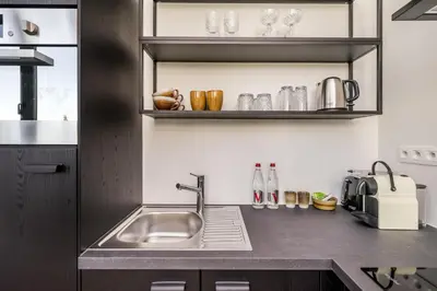 a kitchen with a stainless steel sink and shelves at Quartier Le Sud in Antwerp