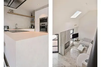 two views of a kitchen and a living room at Schitterende loft met jacuzzi en sauna in Mechelen in Mechelen
