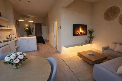 a living room with a fire in the wall at Japandi Apartment, Cityview Elevator in Antwerp