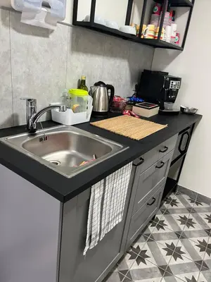 a kitchen with a sink and a counter top at Au Marolles chambre Atomium in Brussels