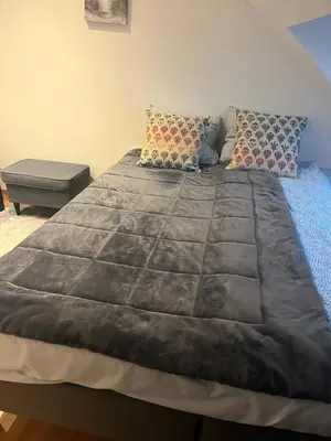 a bedroom with a large bed with two pillows at Au Marolles chambre Atomium in Brussels