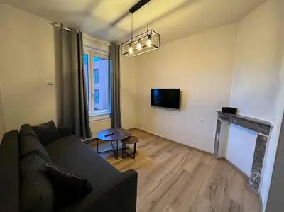 a living room with a couch and a fireplace at Cosy Apartment Merode in Brussels