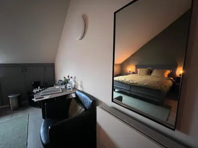 a bedroom with a mirror and a bed in a room at Ikigai B&B - wellness in Oud-Turnhout