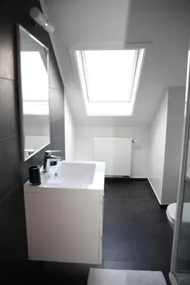 a bathroom with a sink and a skylight at Hotel Satellite in Brussels
