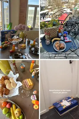 a collage of four pictures of a table with food at Modern apartment with terrace at Theaterplein in Antwerp