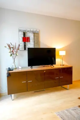 a living room with a flat screen tv on a wooden cabinet at Garden Botanique Apartment in Brussels