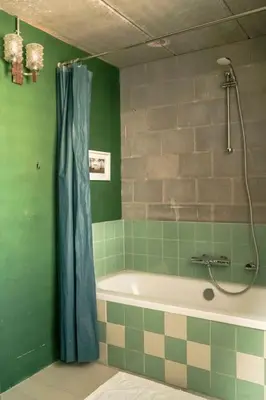 a green bathroom with a shower and a tub at Mari's: Multifunctional Shelter with big Garden in Ghent