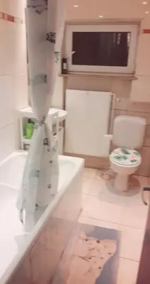 a bathroom with a toilet and a shower curtain at Belle chambre dans un quartier calme in Brussels