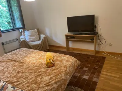 a bedroom with a bed and a tv and a chair at Campe-good in Kampenhout