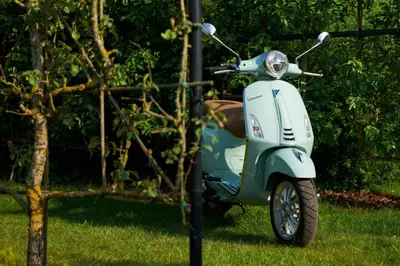 a scooter parked in the grass next to a tree at B&B Vossebergen Hombeek in Hombeek