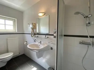 a bathroom with a sink and a toilet and a mirror at Sfeervol familielandhuis in de groene Kempen in Baarle-Hertog
